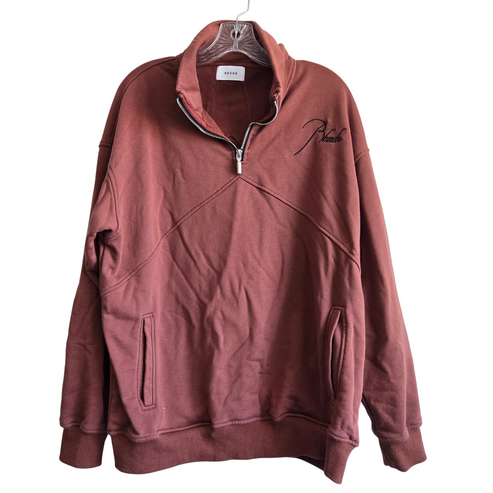 Rhude Large Quarter‎ Zip Sweatshirt Mens Rust Brown Excellent Embroidered Logo